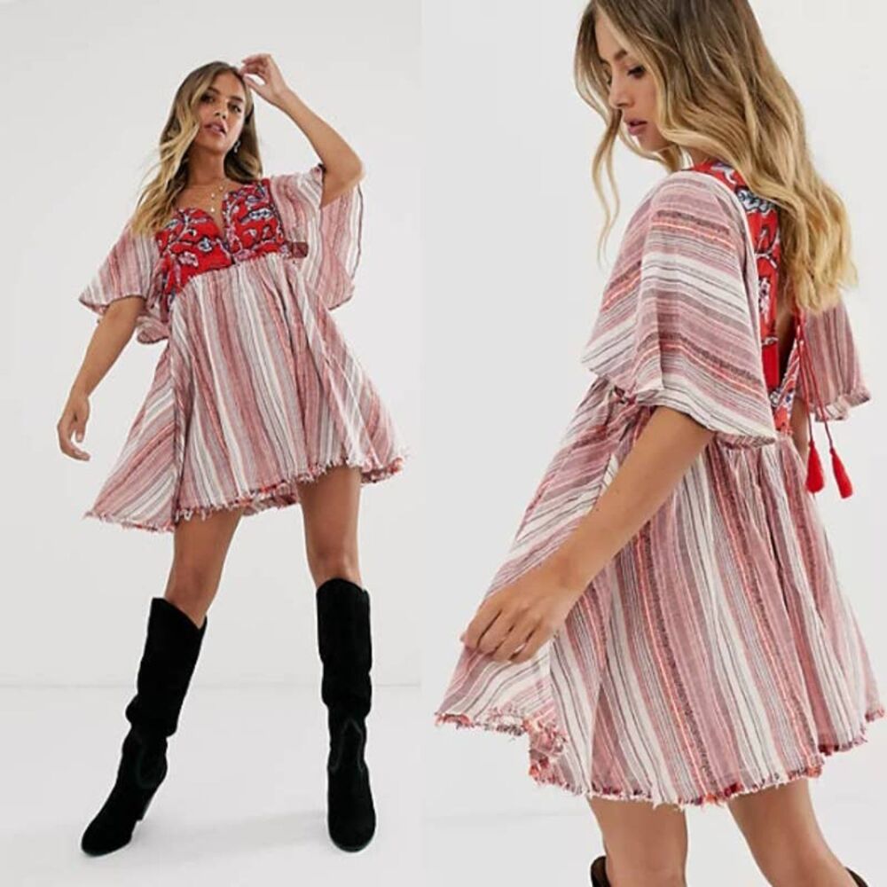 FREE PEOPLE XS NWT Womens Under The Sun Tunic Peasant Boho Mini Dress Red Rome
